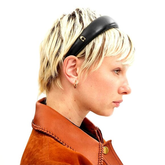 NWT Coach CM042 Black Smooth Leather Headband Hair Band Gold Tone C Logo - Picture 2 of 2